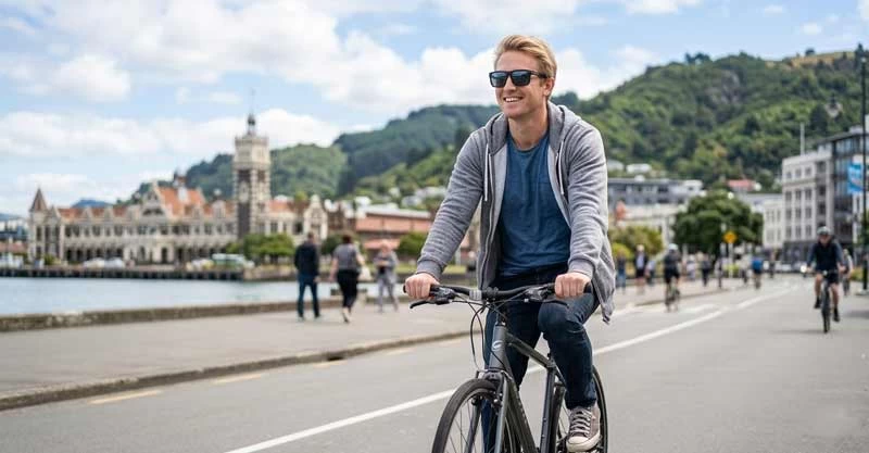 Man riding a bike wearing iPOP cheap sunglasses NZ
