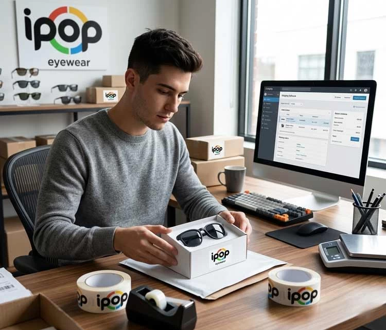 Man packing iPOP sunglasses in Nelson, NZ office 