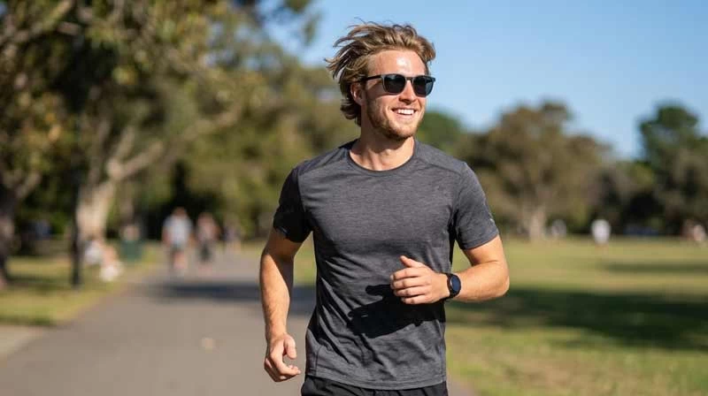 Close up of a jogger wearing polarised sunglasses
