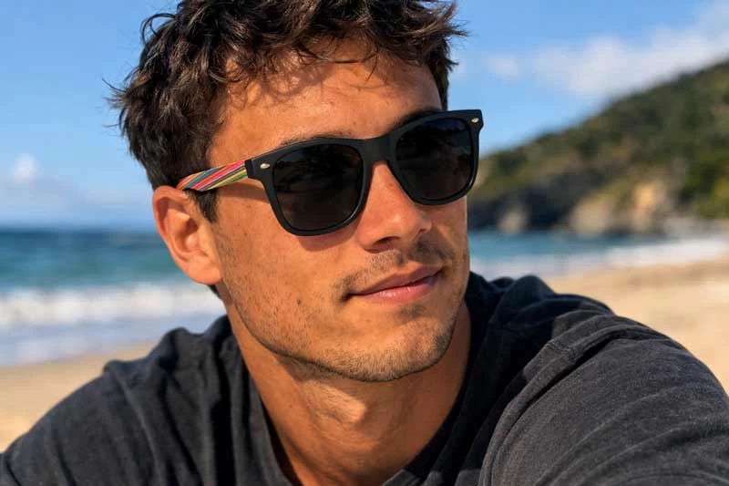 Man wearing polarised bamboo sunglasses on an NZ beach