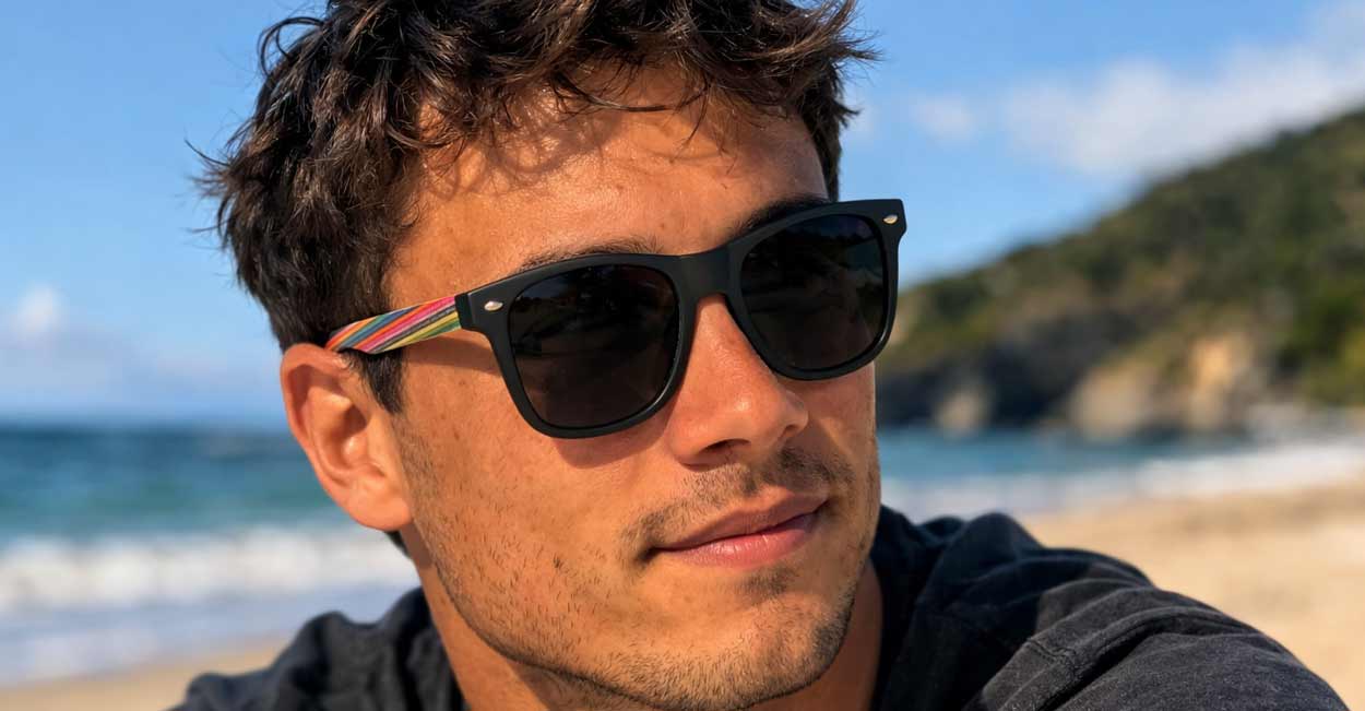 Skate unisex polarised sunglasses with matte black frames and bamboo arms with multi-coloured stripes