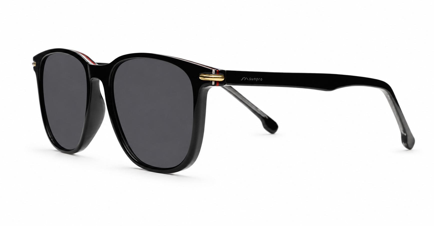 The Canyon unisex round UV400 sunglasses in black with pinstripe, gold accents and grey lenses