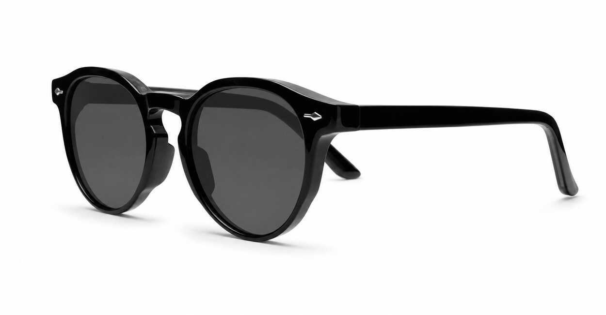 The Acorn small unisex vintage round UV400 sunglasses in shiny black with silver accents and dark lenses