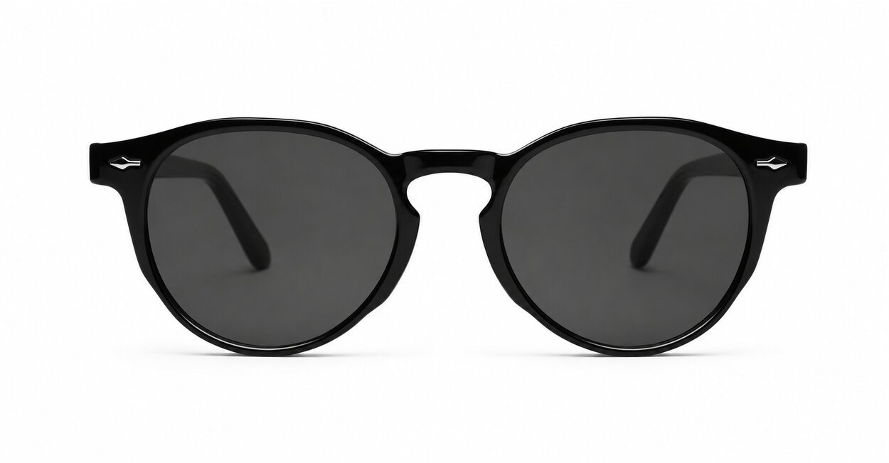 The Acorn small unisex vintage round UV400 sunglasses in shiny black with silver accents and dark lenses