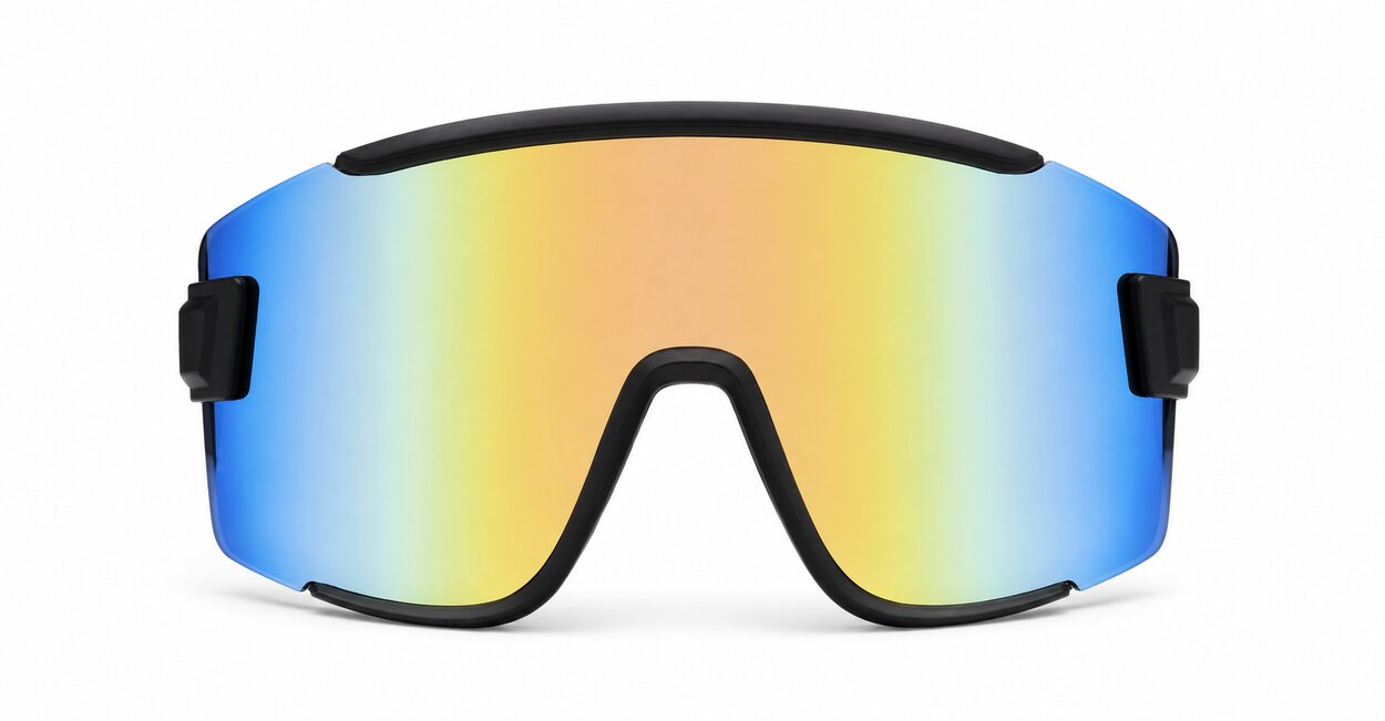 Zest retro sports sunglasses with matte black frames and bold mirror lenses