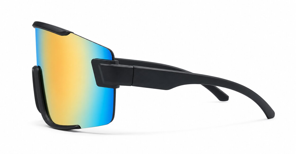 Zest retro sports sunglasses with matte black frames and bold mirror lenses