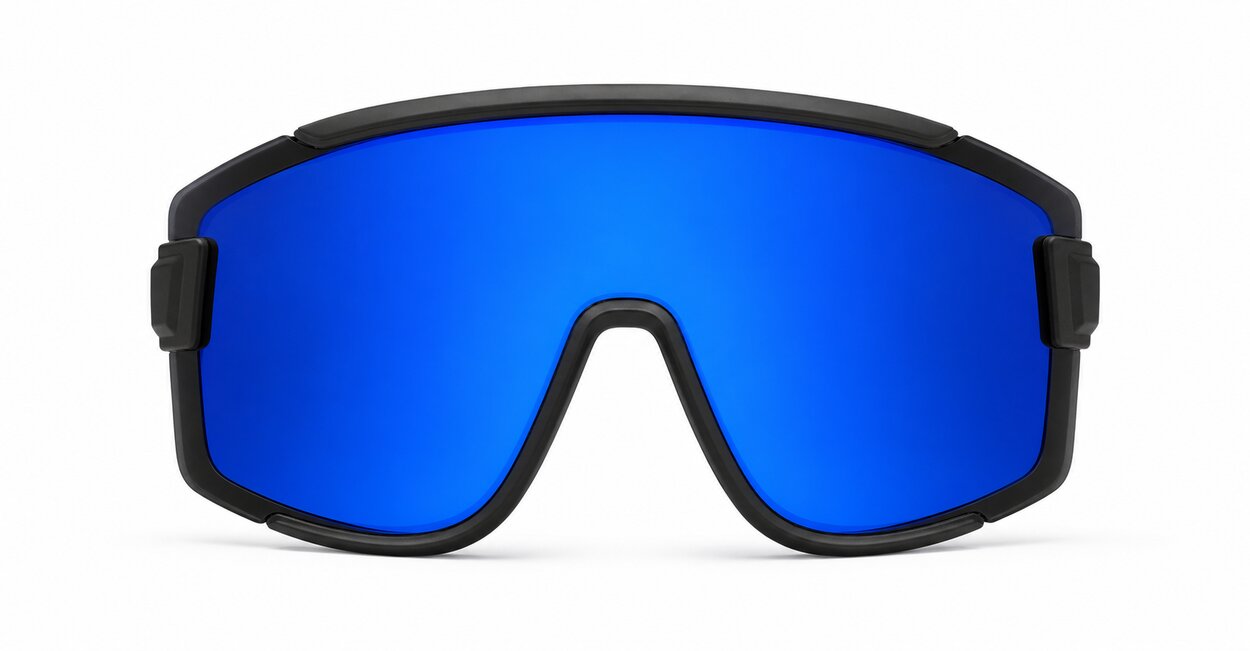 Zest retro sports sunglasses with matte black frames and bold mirror lenses