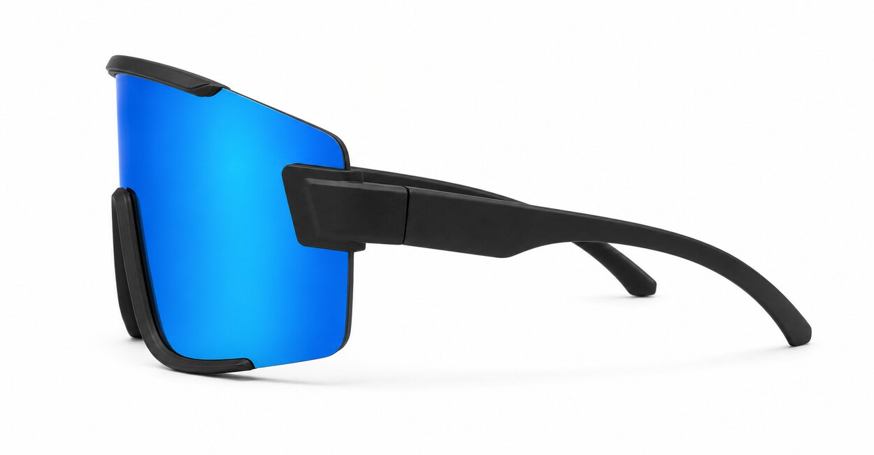 Zest retro sports sunglasses with matte black frames and bold mirror lenses