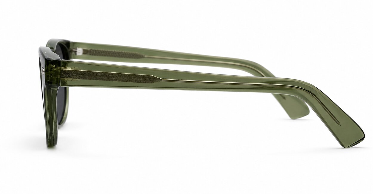 Spike Grey translucent sunglasses with dark grey lenses gold pip detail and inner core wire temples