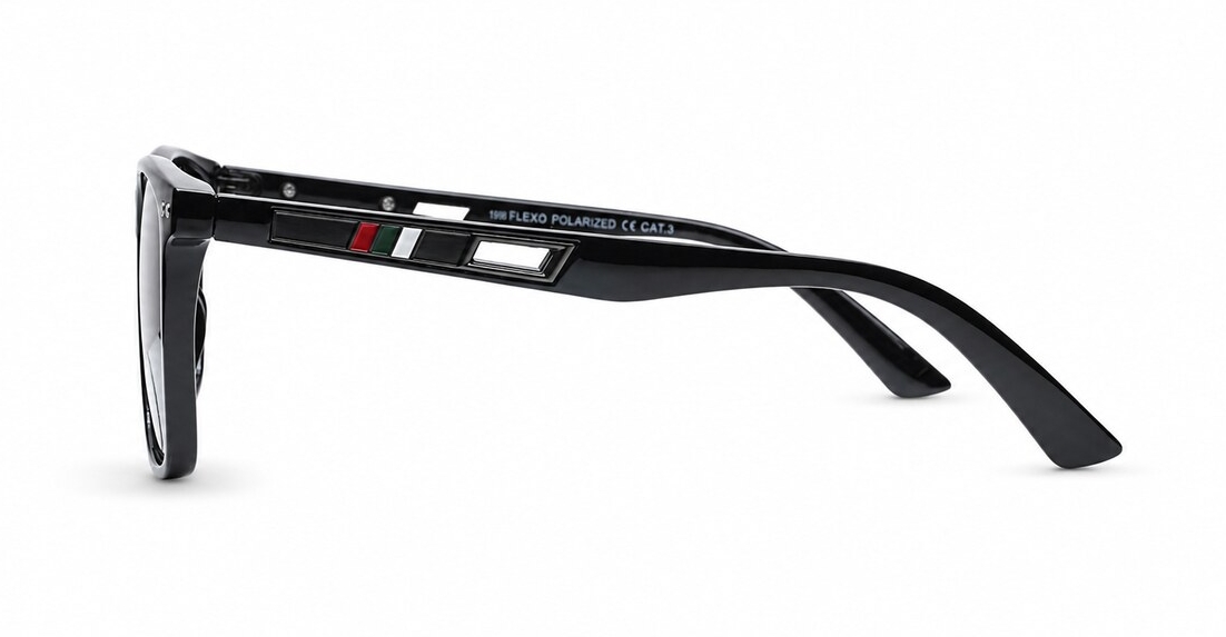 Men's polarised sunglasses with glossy black square frame and silver pins