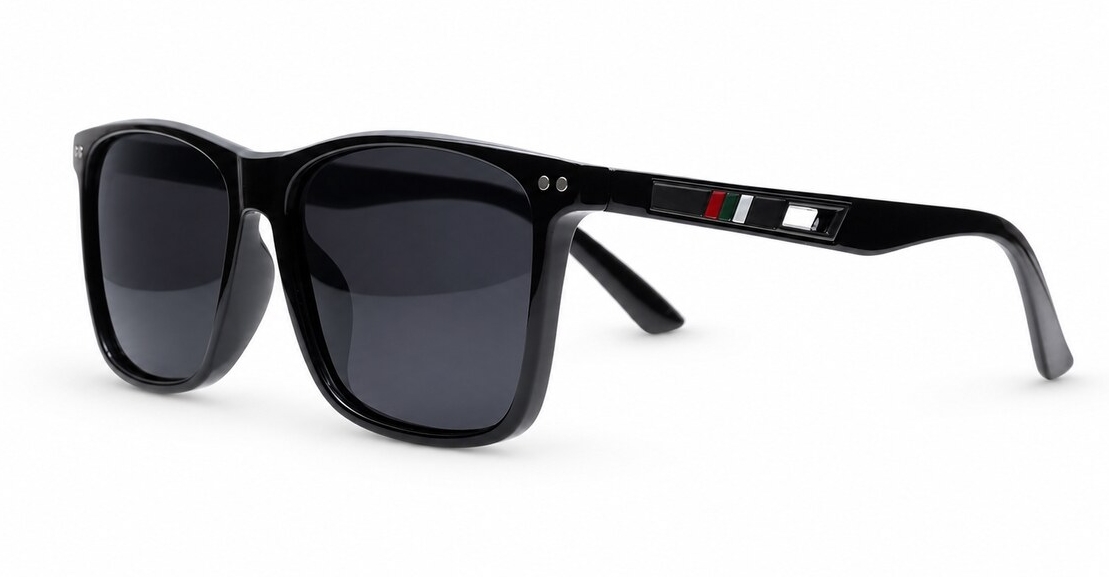 Men's polarised sunglasses with glossy black square frame and silver pins
