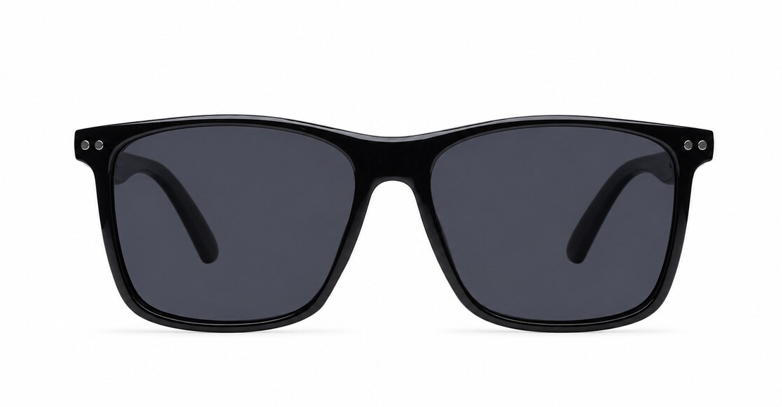 Men's polarised sunglasses with glossy black square frame and silver pins