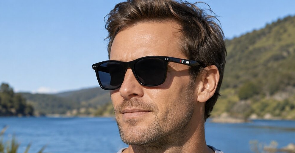 Men's polarised sunglasses with glossy black square frame and silver pins