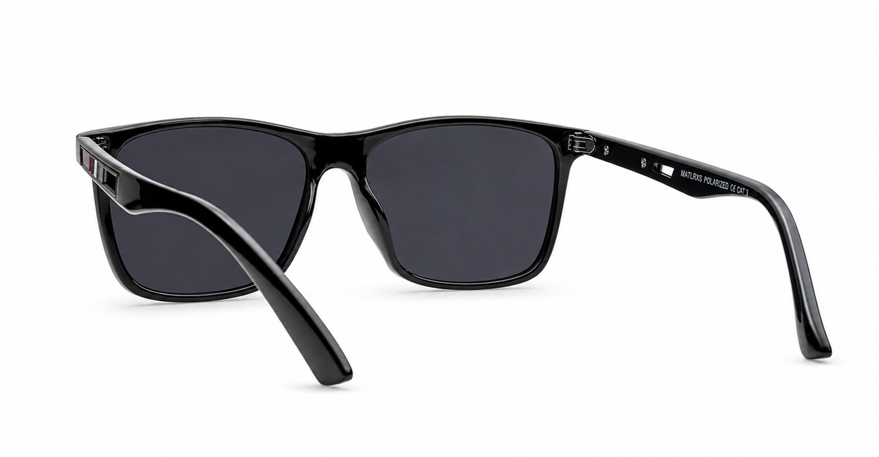 Men's polarised sunglasses with glossy black square frame and silver pins