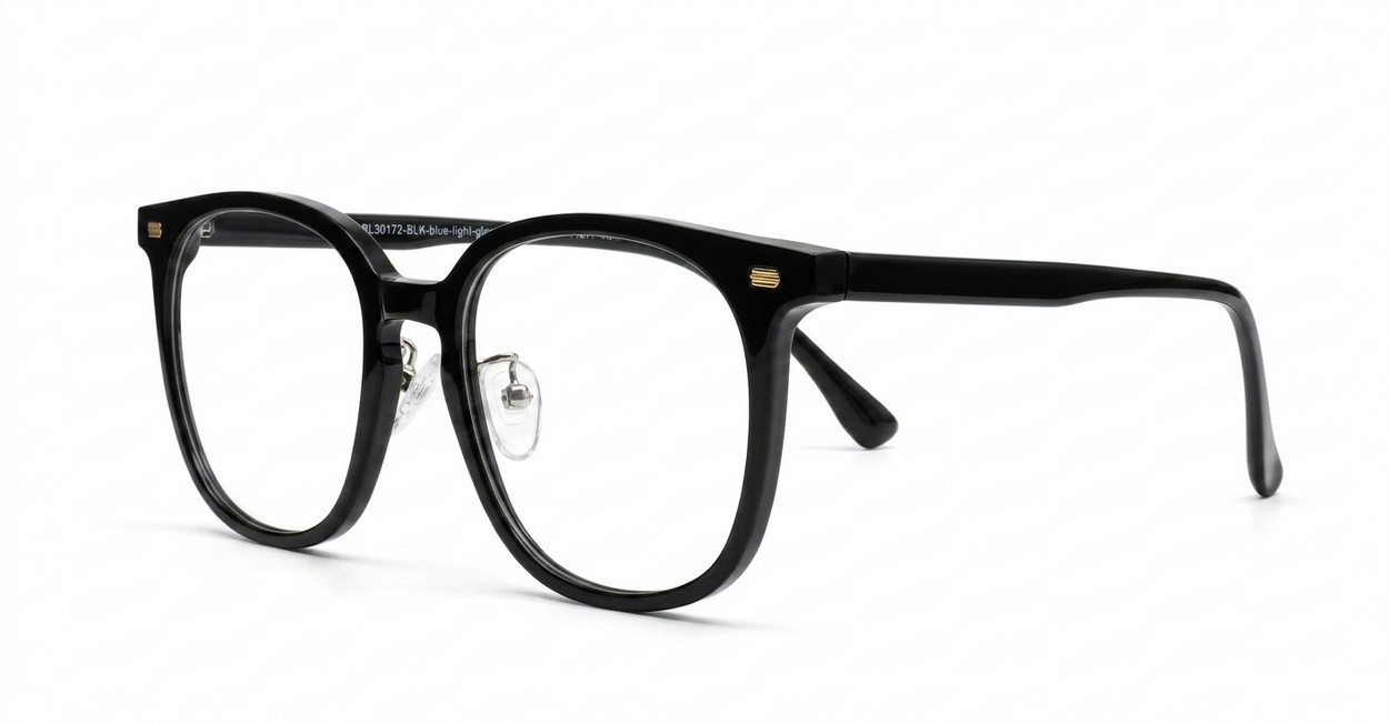 Round shiny black TR90 anti blue light glasses with gold detailing and steel hinges