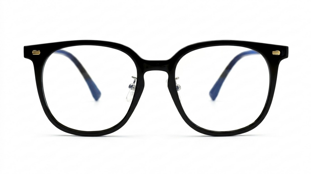 Round shiny black TR90 anti blue light glasses with gold detailing and steel hinges