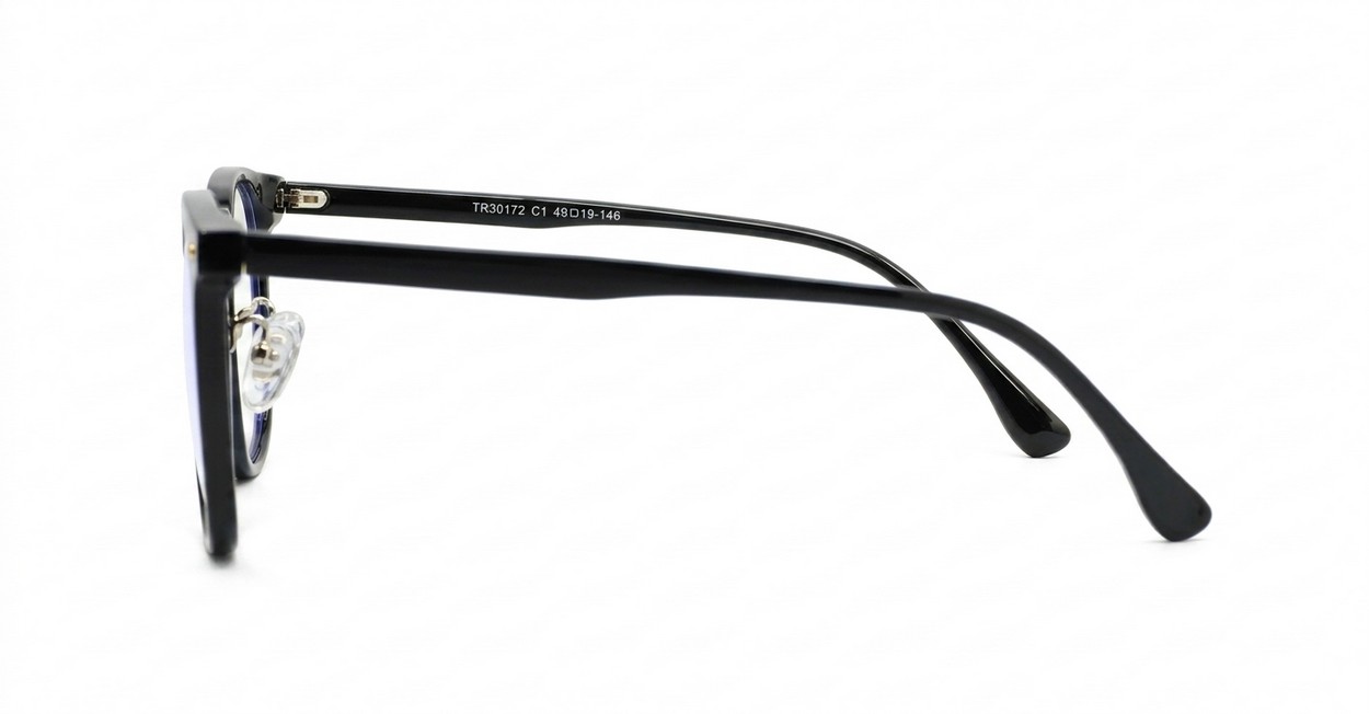 Round shiny black TR90 anti blue light glasses with gold detailing and steel hinges