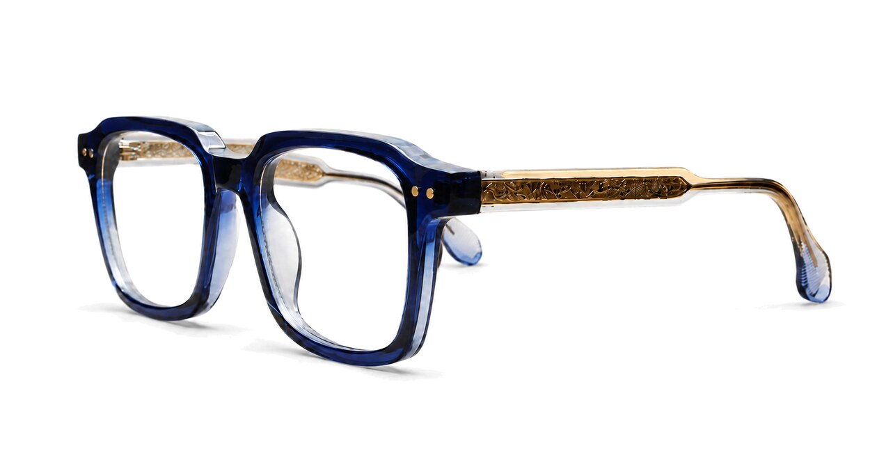 Chunky square blue blue light glasses with inner wire temples and steel hinges