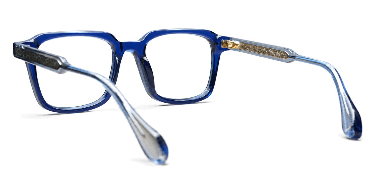 Chunky square blue blue light glasses with inner wire temples and steel hinges