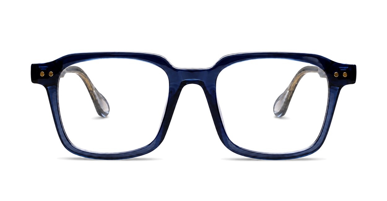 Chunky square blue blue light glasses with inner wire temples and steel hinges