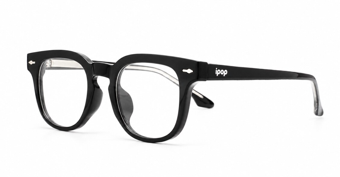 Small square crystal clear blue light glasses with silver arrow temple accents