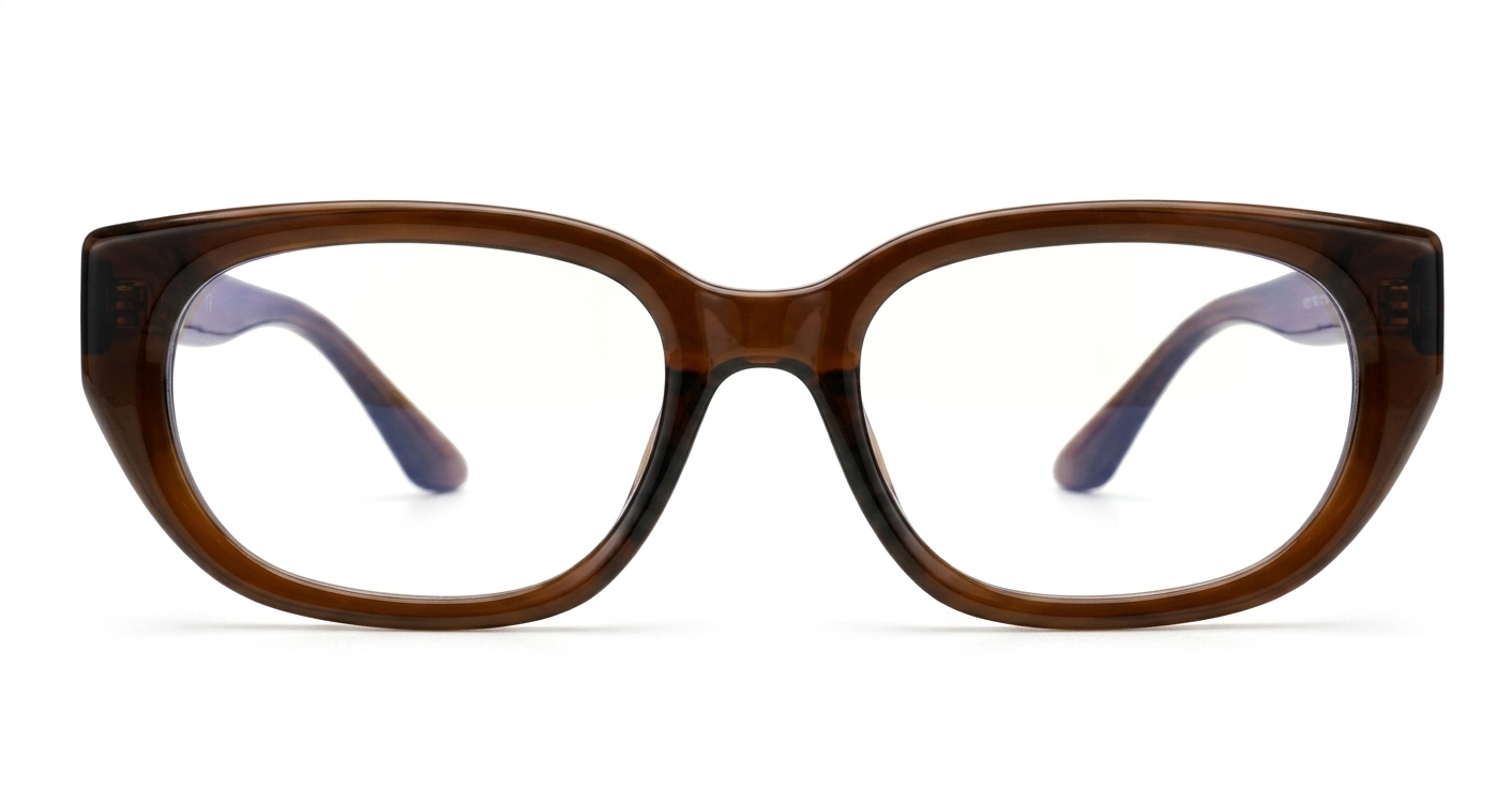 Brown rectangular blue light glasses with clean undetailed frame suited to women