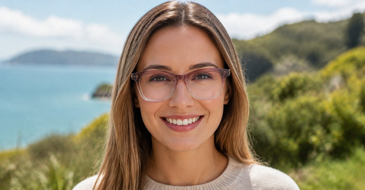 Womens blue light glasses NZ with soft square frame and gold temples