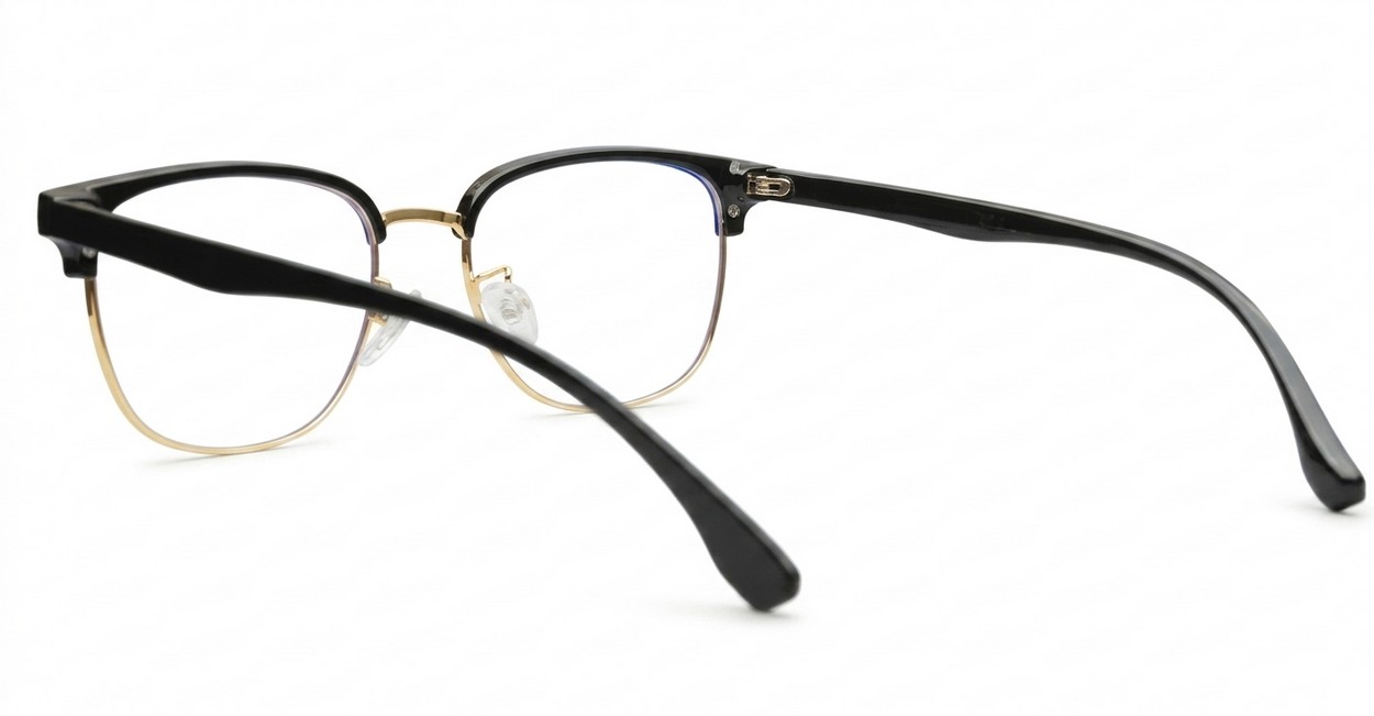 Black Clubmaster style blue light glasses with TR90 temples and gold bridge detailing