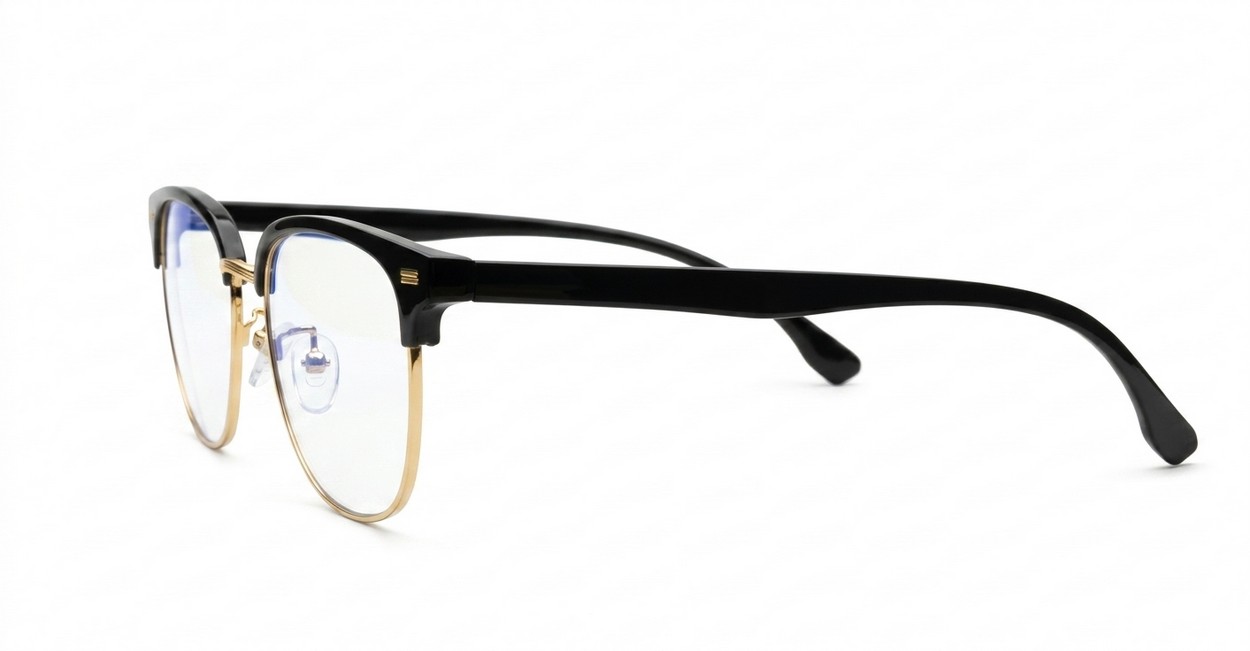 Black Clubmaster style blue light glasses with TR90 temples and gold bridge detailing