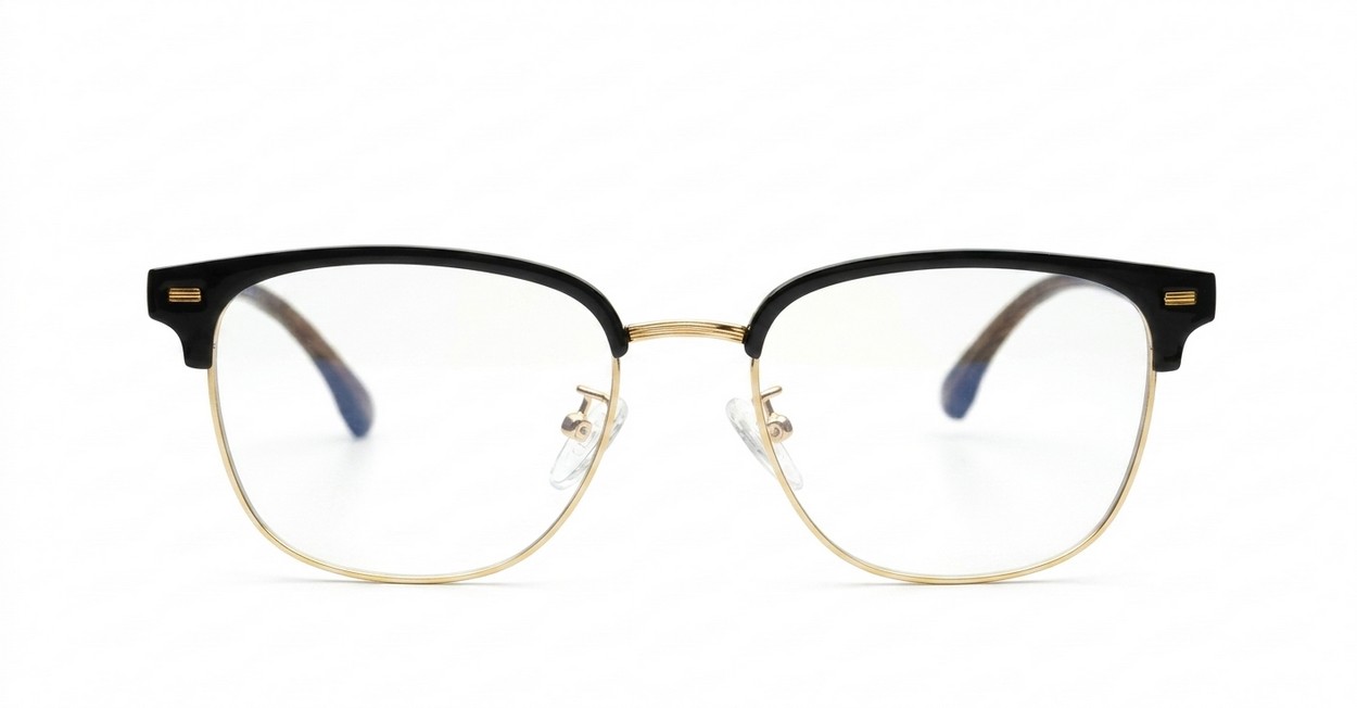 Black Clubmaster style blue light glasses with TR90 temples and gold bridge detailing