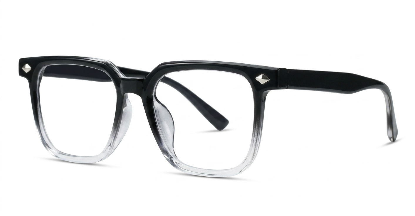 Black and clear two-tone square TR90 anti blue light glasses with silver diamond temple detailing