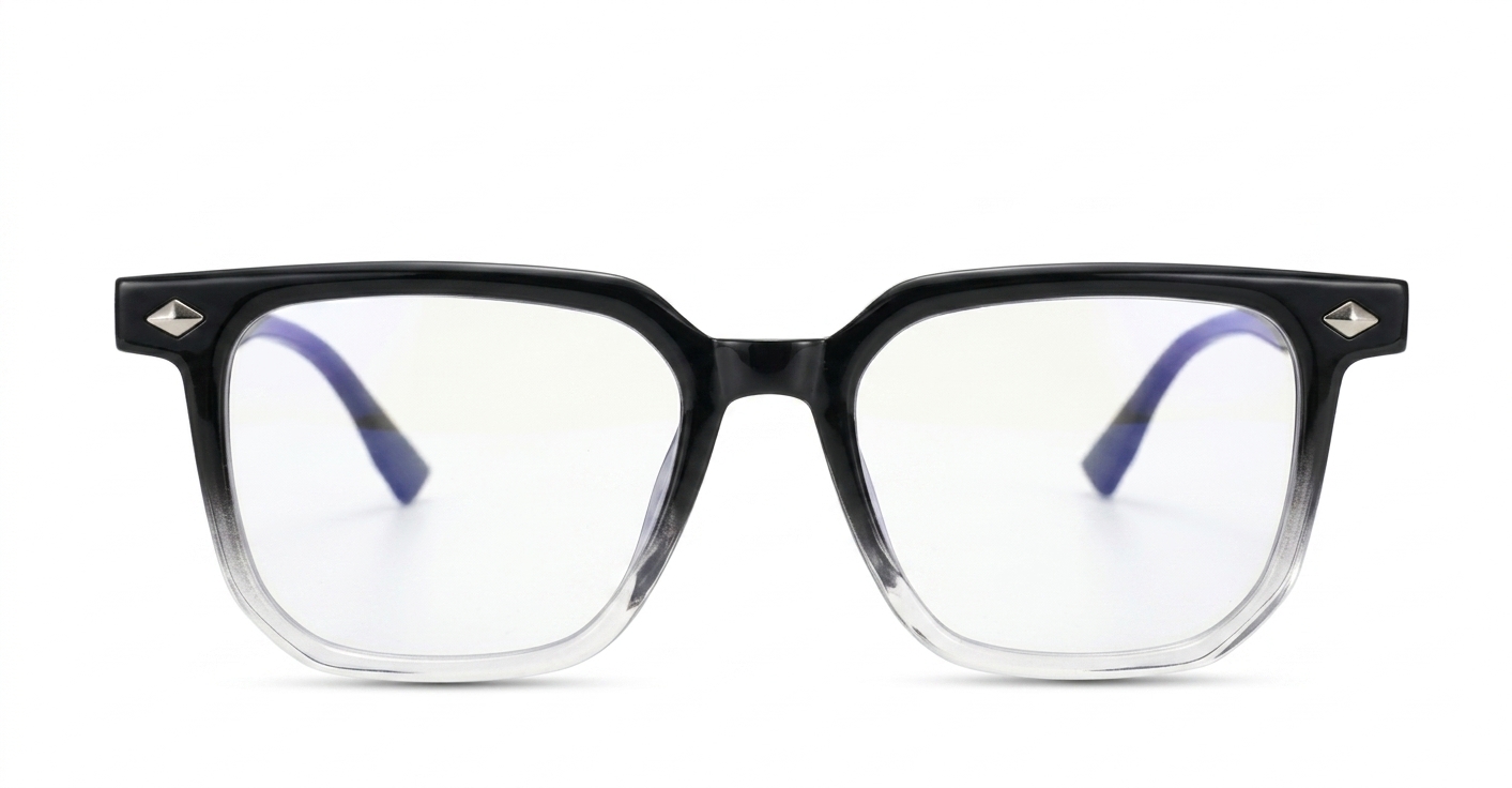 Black and clear two-tone square TR90 anti blue light glasses with silver diamond temple detailing