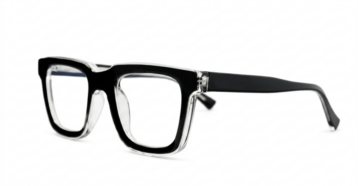 Rectangular blue blocker glasses with black to transparent fade frames and inner core wire temples