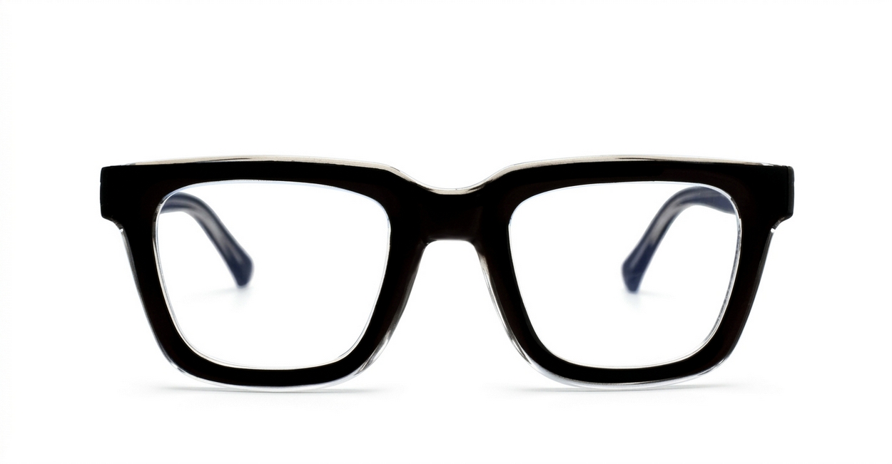 Rectangular blue blocker glasses with black to transparent fade frames and inner core wire temples