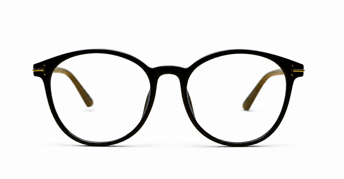 Black computer glasses with gold accents and blue light lenses