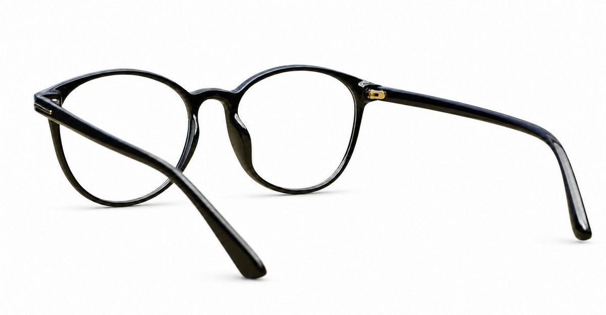 Black computer glasses with gold accents and blue light lenses