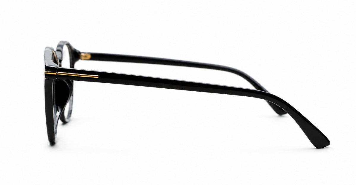 Black computer glasses with gold accents and blue light lenses