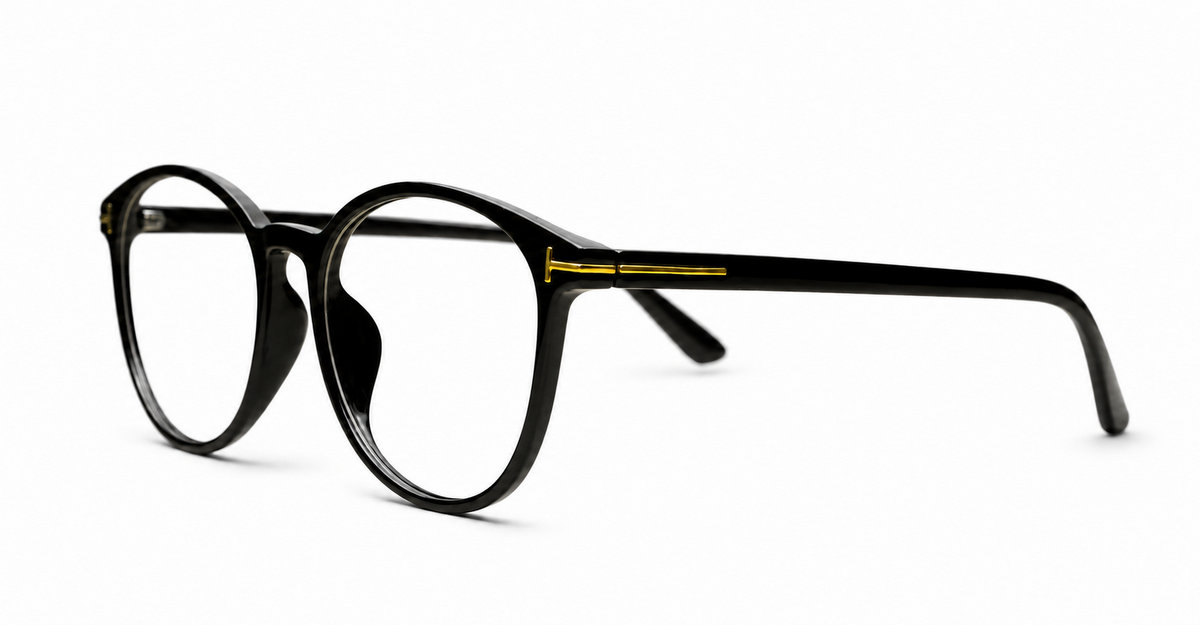 Black computer glasses with gold accents and blue light lenses