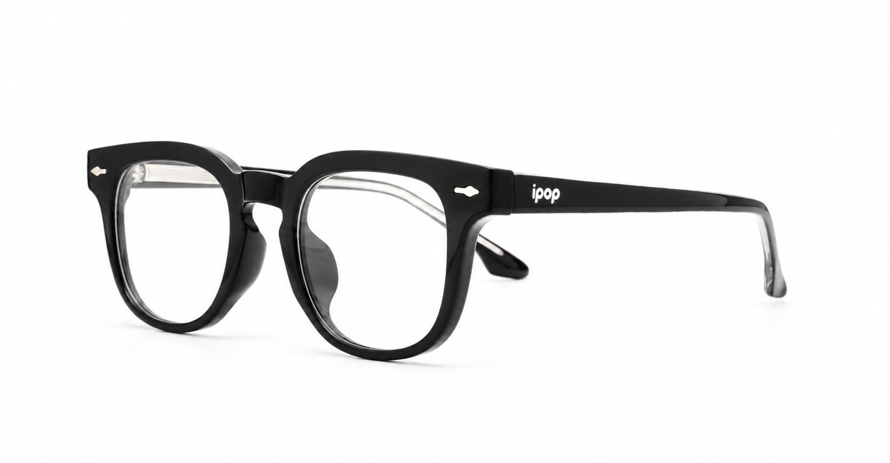 Small square crystal clear blue light glasses with silver arrow temple accents