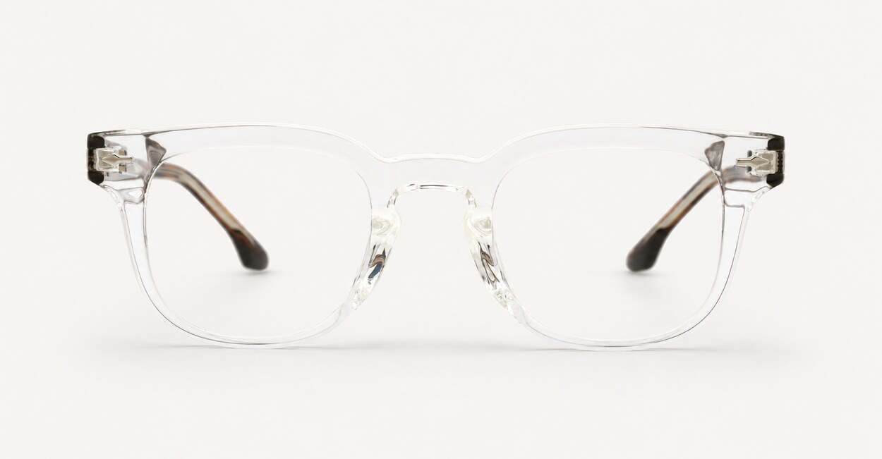 Small square crystal clear blue light glasses with silver arrow temple accents