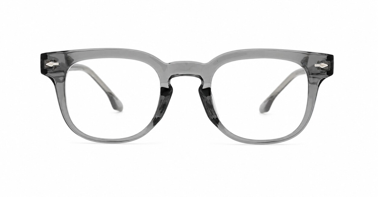 Small square crystal clear blue light glasses with silver arrow temple accents
