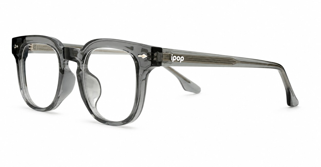 Small square crystal clear blue light glasses with silver arrow temple accents