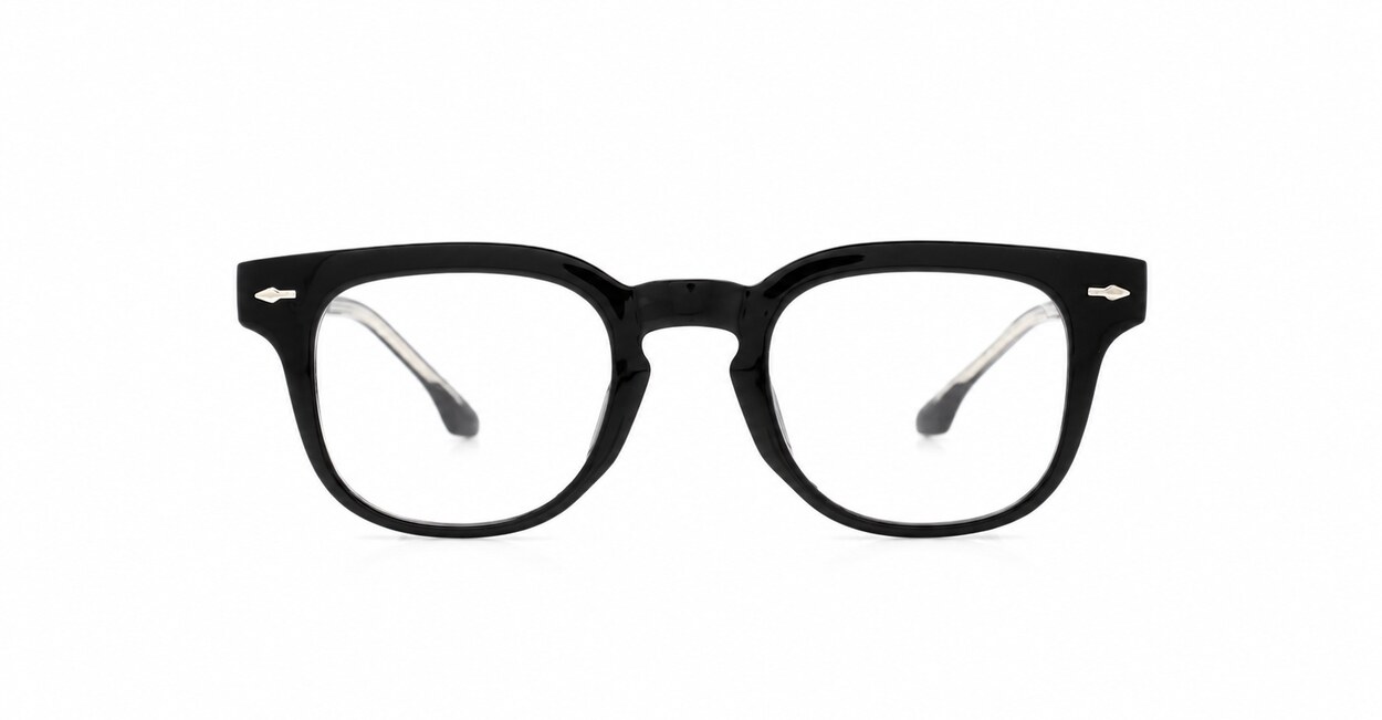 Small square crystal clear blue light glasses with silver arrow temple accents