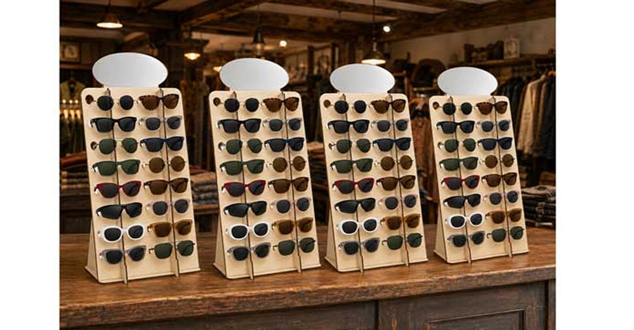 Laser-cut wooden sunglasses display stand with mirrored top