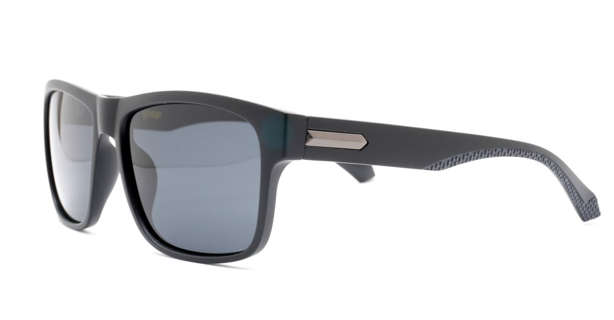 Men's polarised soft curve wrap sunglasses with textured embossed metal temple detailing