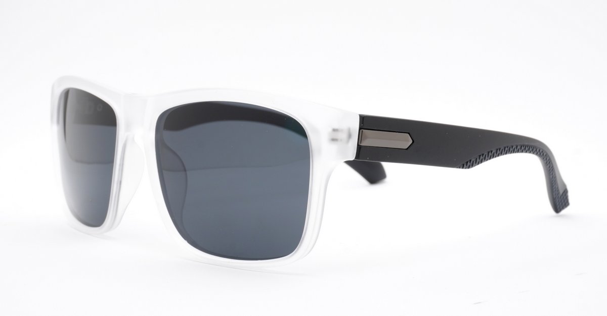 Men's polarised soft curve wrap sunglasses with textured embossed metal temple detailing