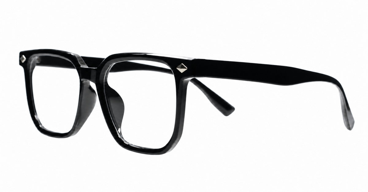 Black square TR90 blue blocker glasses with silver diamond temple detailing