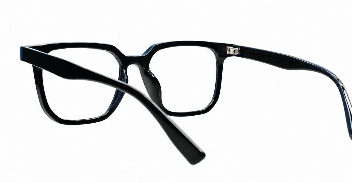 Black square TR90 blue blocker glasses with silver diamond temple detailing