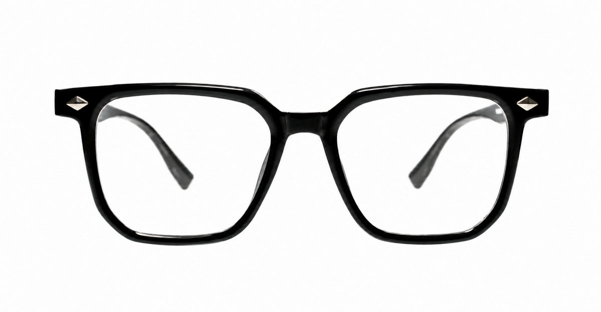 Black square TR90 blue blocker glasses with silver diamond temple detailing
