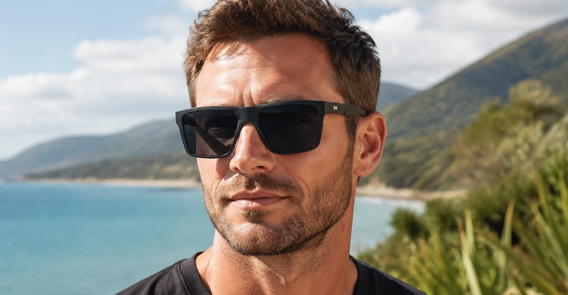 Men's polarised sunglasses with wrap-style frame and ribbed temple detail